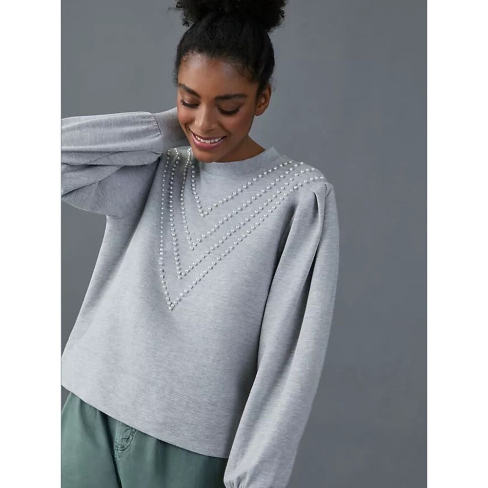 EUC Anthro Pearl Embellished Puff Sleeve Pullover in Light Gray